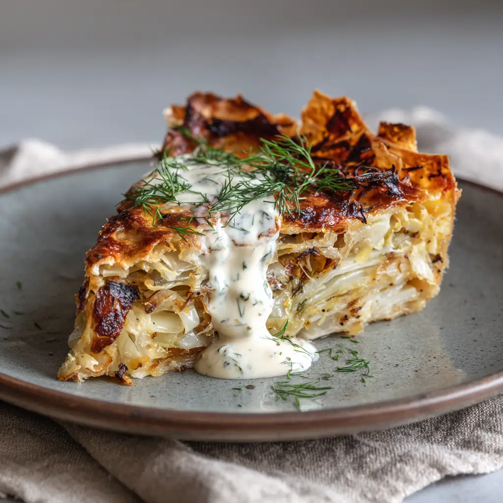 A top-down view of the flaky golden-brown top crust of a Crispy Cabbage Pie garnished with dill.