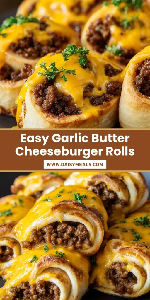 Cheeseburger Rollups: The Ultimate Golden-Brown Crescent Roll Hack 4 A close-up shot of several cheeseburger rollups with golden-brown dough and melted yellow cheddar cheese on a black plate. (Cheeseburger Rollups)