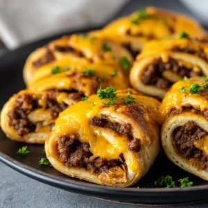 Detailed view of the visible layers and dark brown crumbly beef filling of Cheeseburger Rollups. (Cheeseburger Rollups)