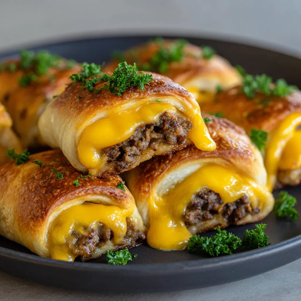 Cheeseburger Rollups: The Ultimate Golden-Brown Crescent Roll Hack 1 Cheeseburger rollups on a matte black plate showing bright yellow melted cheddar cheese clinging to the curves.
