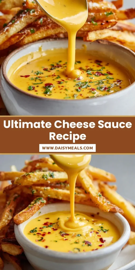 A dynamic shot of Cheese Sauce for Fries being drizzled from a ladle into a white bowl next to a mound of crispy golden fries.