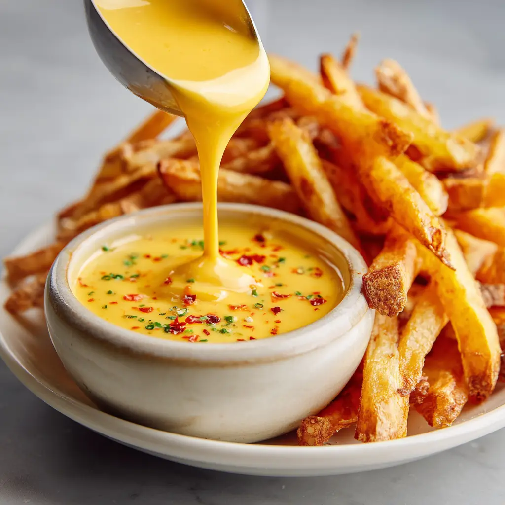 A close-up of vibrant golden yellow Cheese Sauce for Fries speckled with red paprika and green herbs in a white ceramic bowl.