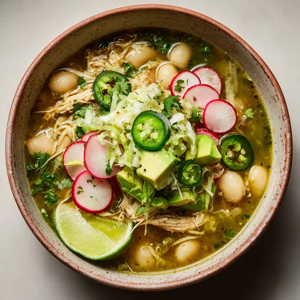 Close up of vibrant green tomatillo broth with hominy and shredded chicken in a ceramic bowl. (Slow Cooker Chicken Posole Verde)