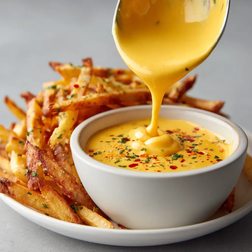 A thick and smooth Cheese Sauce for Fries served alongside crispy, golden-brown medium-cut french fries.