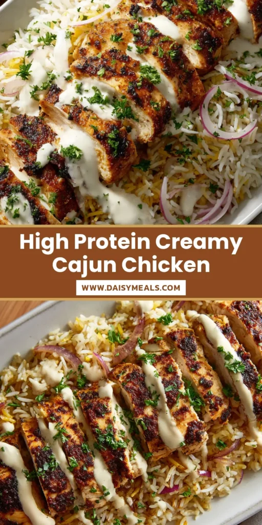 A long white platter featuring High Protein Creamy Cajun Chicken over a bed of yellow-tinted rice, drizzled with a thick white sauce and garnished with parsley.