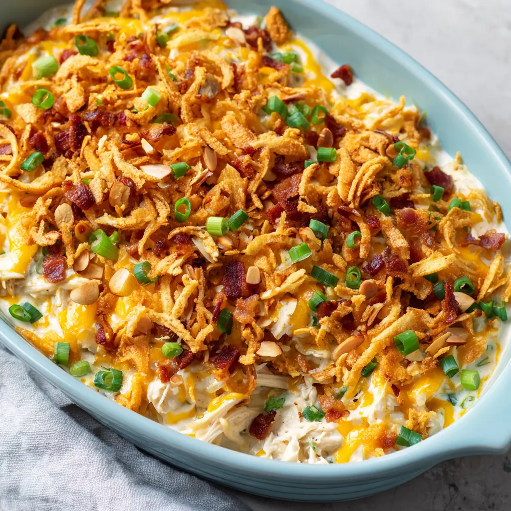 An overhead view of the crunchy golden-brown topping consisting of almonds, bacon, and green onions on the Neiman Marcus Chicken Casserole.