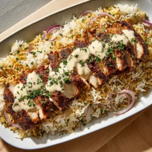 Overhead view of a rectangular white platter filled with fluffy long-grain white rice, diced red onions, and sliced blackened chicken with a creamy sauce. (High Protein Creamy Cajun Chicken)