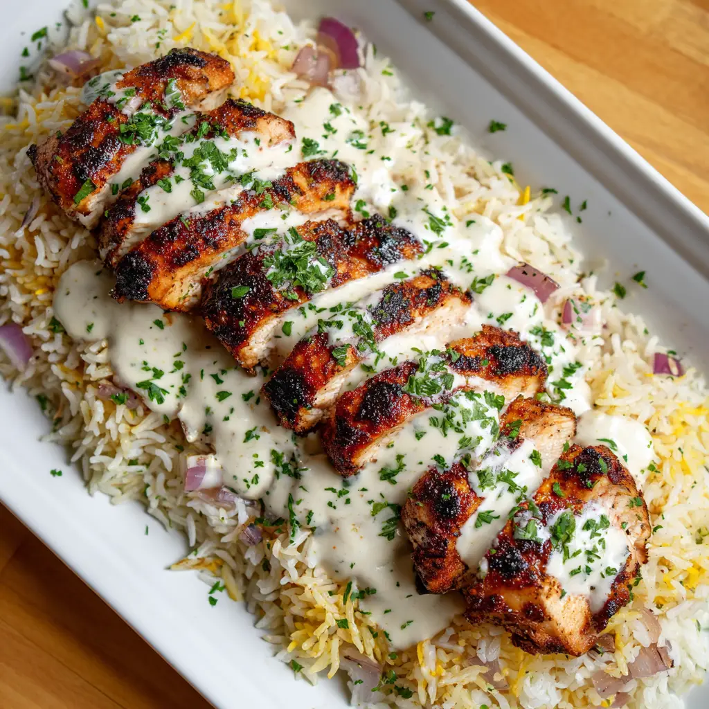 Close up of seared chicken breast strips with a golden-brown crust and creamy white sauce on a bed of rice. (High Protein Creamy Cajun Chicken)