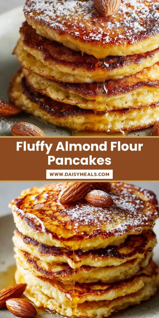 Almond Flour Pancakes: The Ultimate Fluffy, Golden-Brown Gluten-Free Breakfast 4 A towering stack of five golden-brown Almond Flour Pancakes on a light grey ceramic plate, drizzled with amber syrup and garnished with whole raw almonds and powdered sugar.