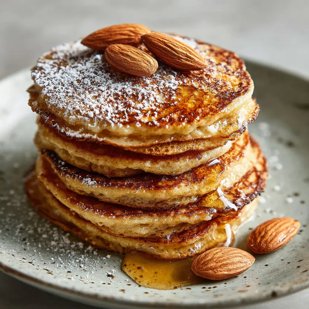 Close-up eye-level view of rustic Almond Flour Pancakes showing a porous texture and crispy lacy edges with maple syrup pooling on top.