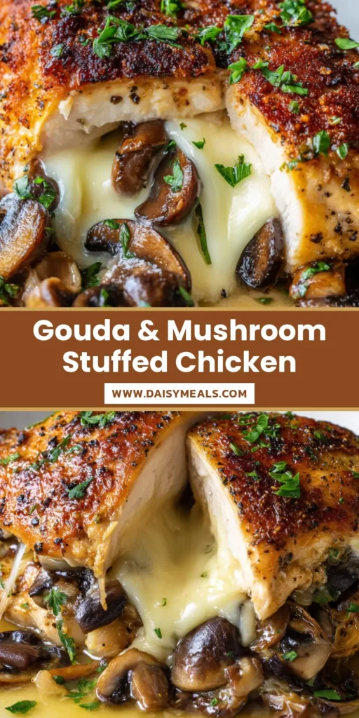 A close-up of a golden-brown pan-seared Gouda and mushroom stuffed chicken breast split open with gooey cheese melting out on a white plate.