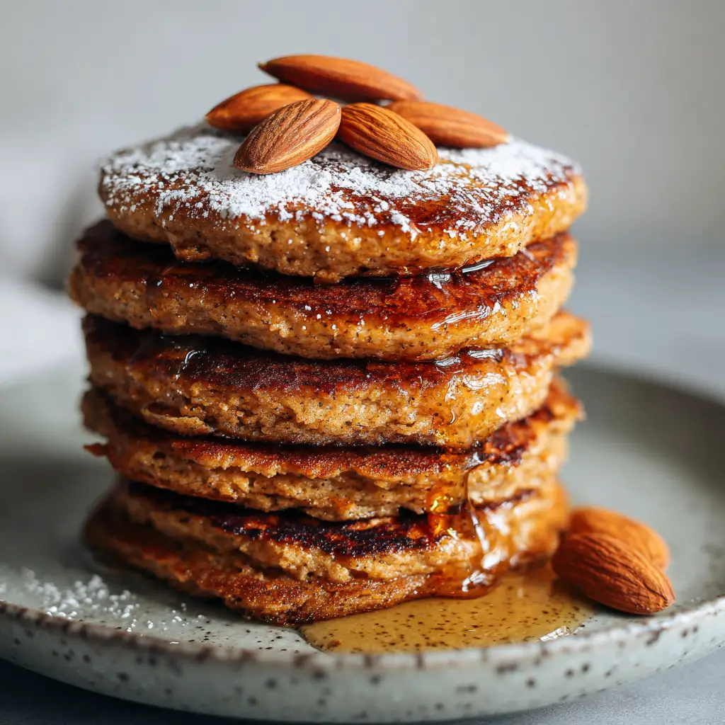 Almond Flour Pancakes: The Ultimate Fluffy, Golden-Brown Gluten-Free Breakfast 1 Top view of a five-stack of Almond Flour Pancakes with a dusting of powdered sugar and three raw almonds on a matte grey plate.