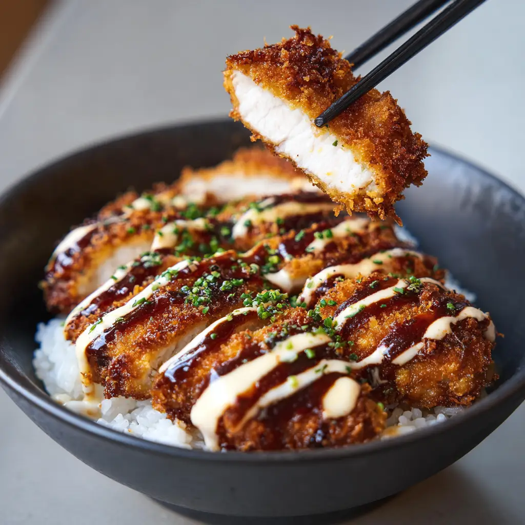 Close up of black chopsticks lifting juicy white chicken katsu from a bowl with dark sauce and aioli. (Japanese Katsu Bowl)