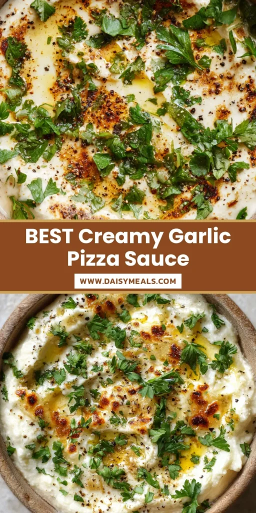 A rustic wooden bowl filled with thick Garlic Sauce for Pizza, topped with toasted cheese spots, parsley, and olive oil.