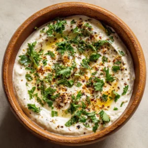 Close-up top-down view of Garlic Sauce for Pizza showing the dense off-white texture and black pepper garnish.