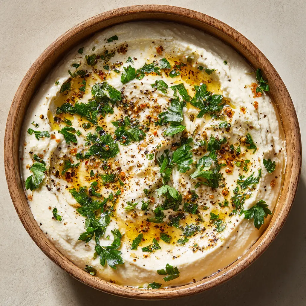 Overhead shot of Garlic Sauce for Pizza with visible toasted cheese spots and fresh green parsley.