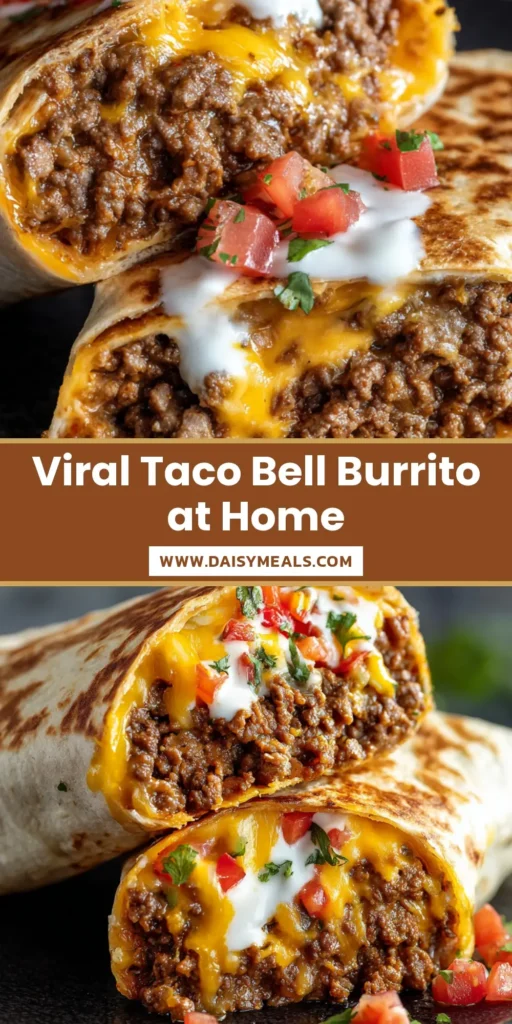 Taco Bell Beefy Melt Burrito Copycat: The Ultimate Crispy, Cheesy Recipe 4 A close-up of a halved Taco Bell Beefy Melt Burrito showing layers of seasoned beef, melted cheddar, and white sauce.