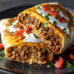 Extreme close-up of a halved beefy melt burrito with toasted tortilla and glossy melted cheddar. (Taco Bell Beefy Melt Burrito)