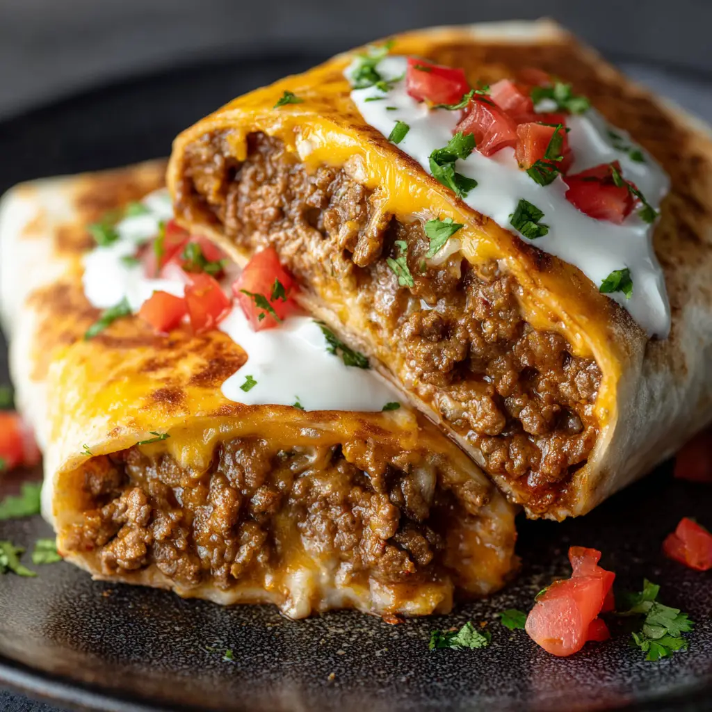 Taco Bell Beefy Melt Burrito Copycat: The Ultimate Crispy, Cheesy Recipe 2 Extreme close-up of a halved beefy melt burrito with toasted tortilla and glossy melted cheddar. (Taco Bell Beefy Melt Burrito)