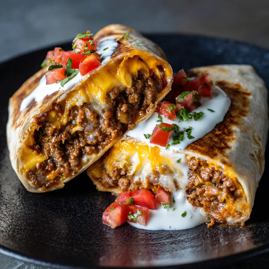 Taco Bell Beefy Melt Burrito Copycat: The Ultimate Crispy, Cheesy Recipe 1 A halved Beefy Melt Burrito resting on a dark plate, highlighting the crumbly beef and creamy sauce.