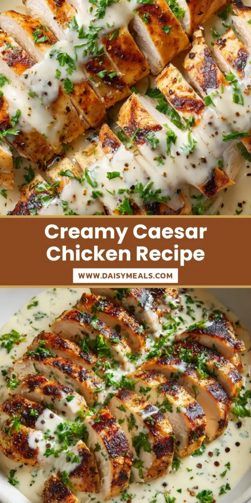 A top-down view of sliced Caesar Chicken with golden char marks, creamy white sauce, and fresh parsley garnish. (Caesar Chicken)