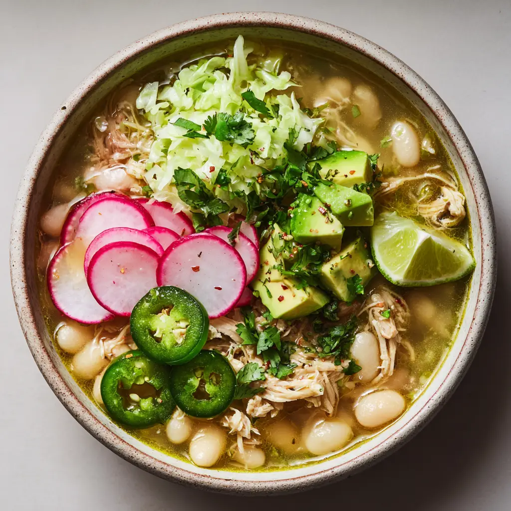 Overhead view of Slow Cooker Chicken Posole Verde garnished with radishes, avocado, and lime.