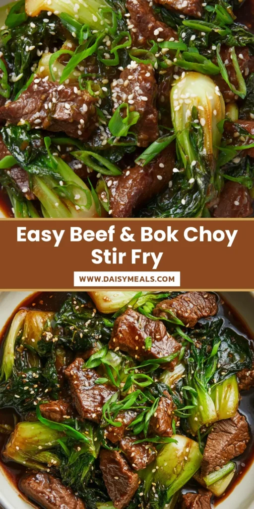 An overhead shot of Beef and Bok Choy Stir Fry in a white bowl showing seared beef and glossy sauce.