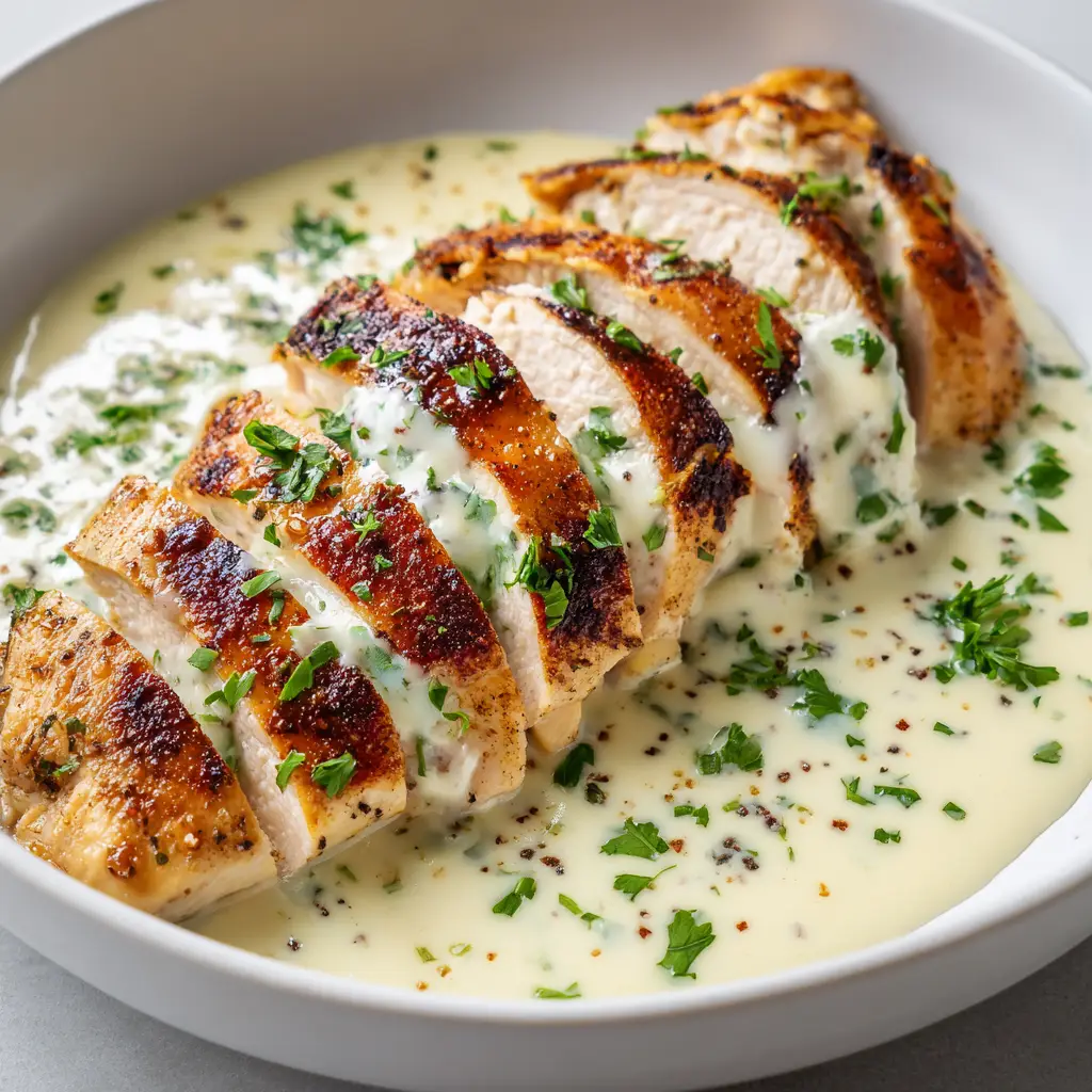 Sliced Caesar Chicken drizzled with thick creamy sauce and speckled with black pepper and parsley.