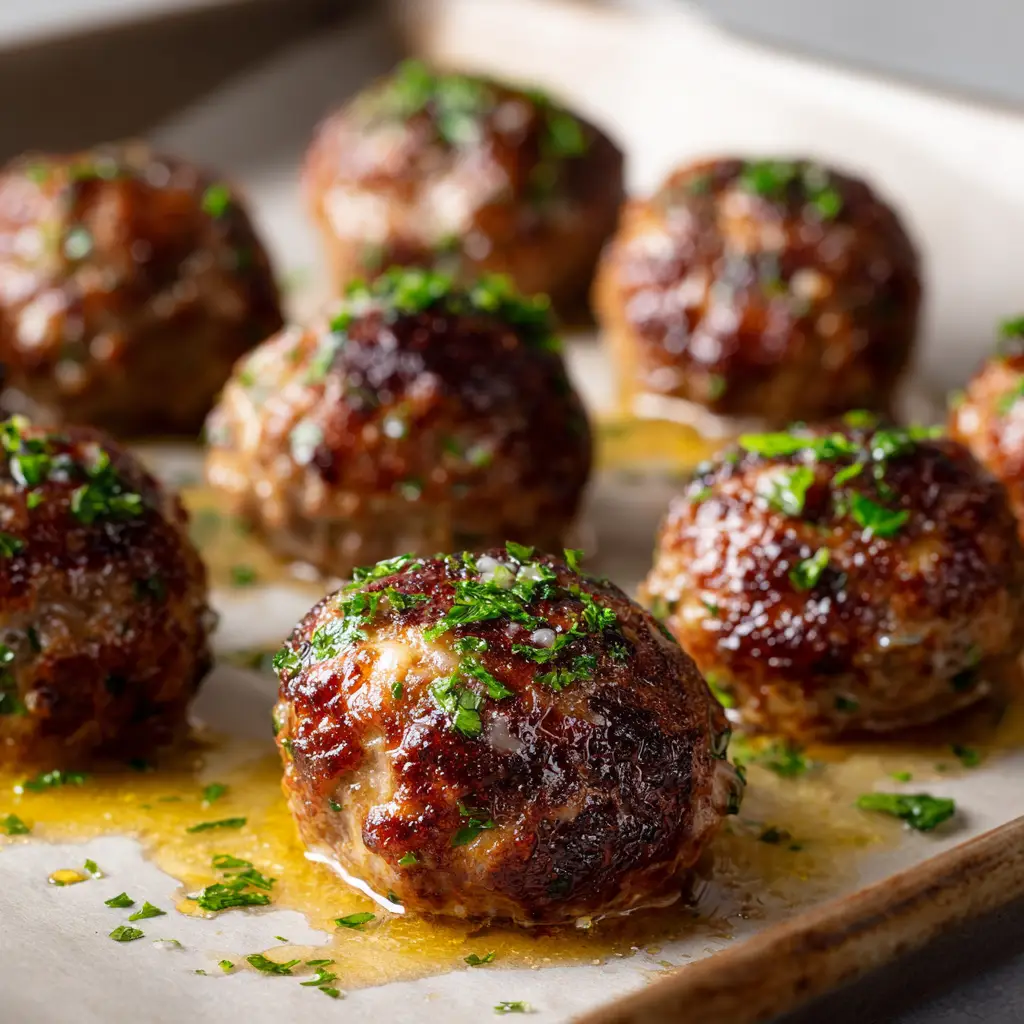 Oven Baked Meatballs with a Deeply Caramelized Beef Crust 2 Sizzling Oven Baked Meatballs on a parchment-lined baking sheet showing melted Parmesan specks and herb seasoning.