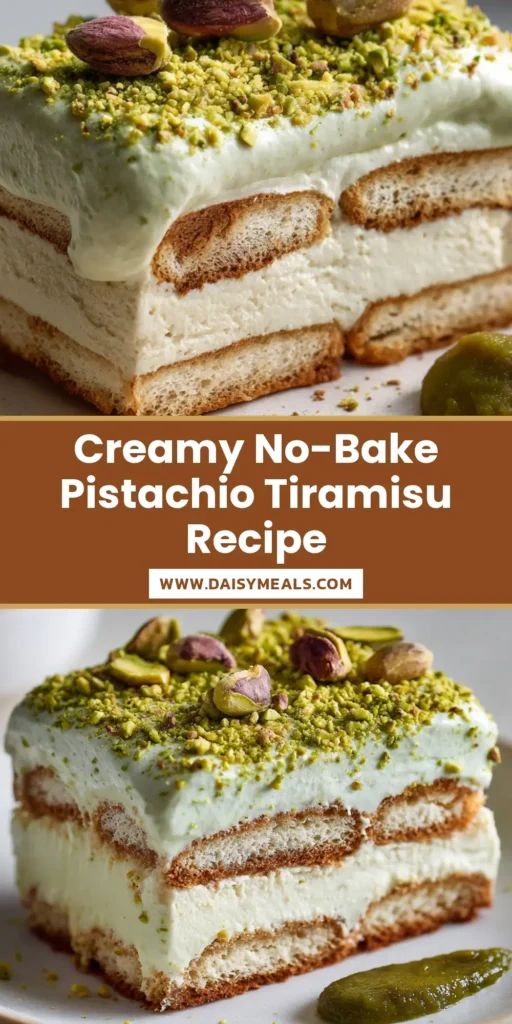 Pistachio Tiramisu with Silky Mascarpone and Roasted Kernels 4 A close-up slice of Pistachio Tiramisu featuring layers of espresso-soaked ladyfingers and pale green pistachio cream, topped with crushed nuts and whole kernels.
