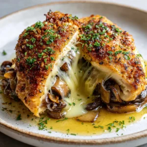 Plump golden-brown pan-seared chicken breast with visible black pepper specks and dried herbs, stuffed with dark brown mushrooms and Gouda cheese.