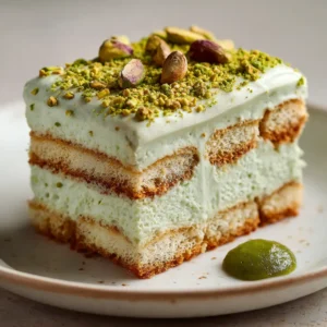 Side view of a Pistachio Tiramisu slice on a white plate showing distinct layers of coffee sponge and pale pistachio-green mascarpone cream.