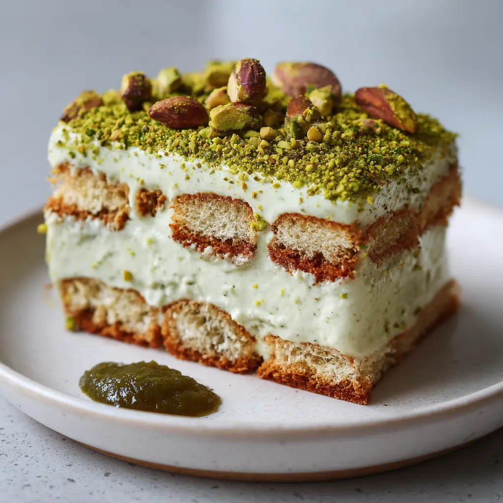 Pistachio Tiramisu with Silky Mascarpone and Roasted Kernels 1 A slice of Pistachio Tiramisu with a swooshed cream topping, bright green crushed nuts, and a dollop of dark pistachio paste on a white plate.