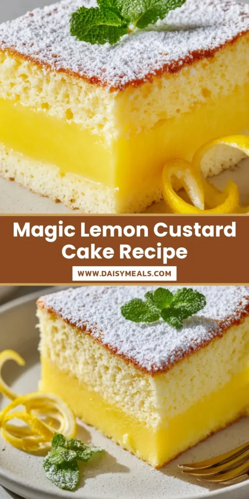 Lemon Custard Cake: The Ultimate Guide to the Magic Two-Layer Citrus Dessert 4 A close-up slice of Lemon Custard Cake with two distinct layers, topped with powdered sugar and a mint sprig.