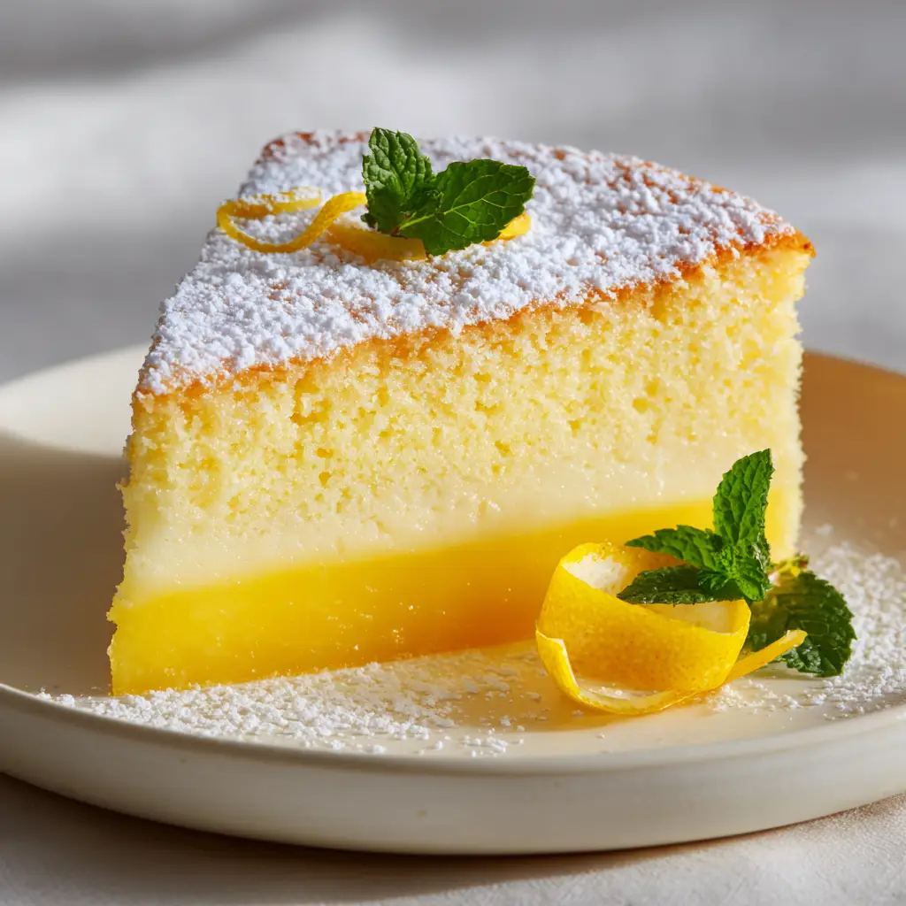 Lemon Custard Cake: The Ultimate Guide to the Magic Two-Layer Citrus Dessert 2 Symmetric slice of bright yellow Lemon Custard Cake on a white plate with mint and lemon curl.