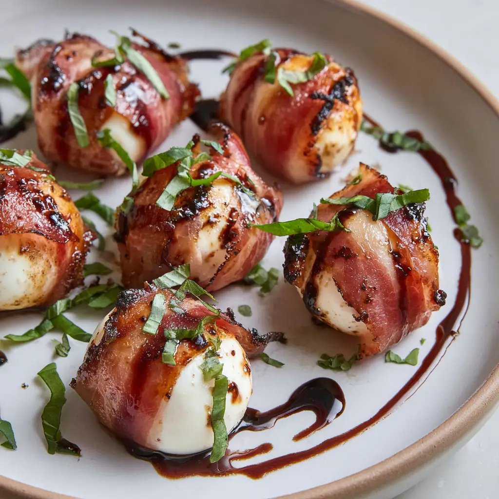 Prosciutto Wrapped Mozzarella Bites with Crispy Pan-Seared Edges 2 Slightly melted mozzarella balls wrapped in crispy pan-seared prosciutto strips with visible fat rendering. (Prosciutto Wrapped Mozzarella Bites)