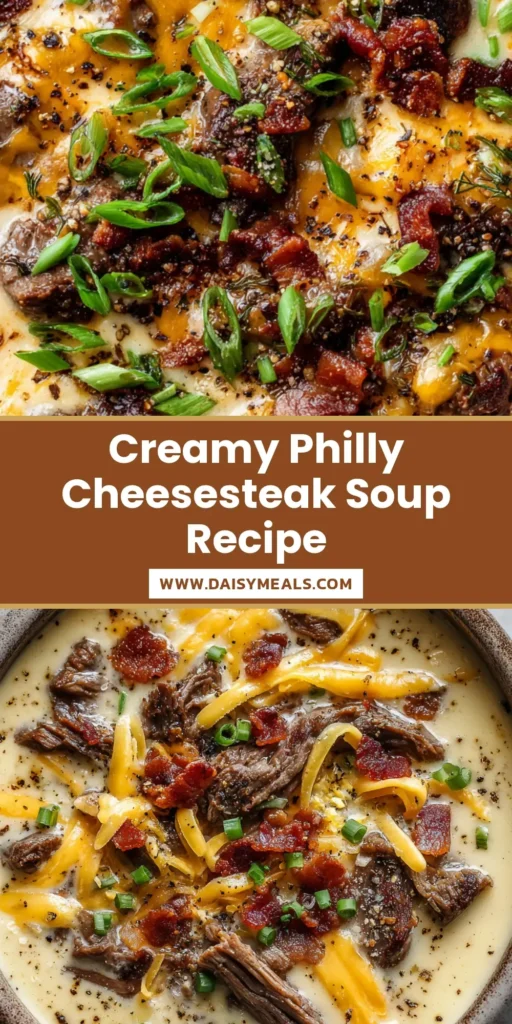 Philly Cheesesteak Soup: The Ultimate Creamy Steak and Cheese Comfort Bowl 5 A close up overhead shot of a hearty bowl of creamy Philly Cheesesteak Soup with pale golden broth, browned steak, and melted cheese swirls.