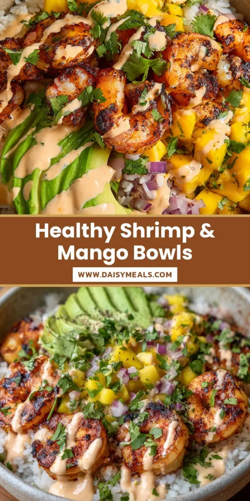 A rustic shallow bowl containing a base of white rice topped with charred reddish shrimp, sliced avocado, and a yellow mango salsa. (Shrimp and Avocado Bowls)