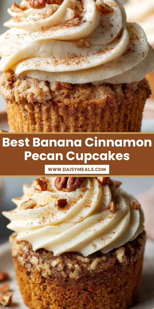 Banana Cinnamon Pecan Cupcakes: The Ultimate Moist & Nutty Treat 4 A close-up of a moist Banana Cinnamon Pecan Cupcake with a thick cream cheese swirl on a rustic plate.