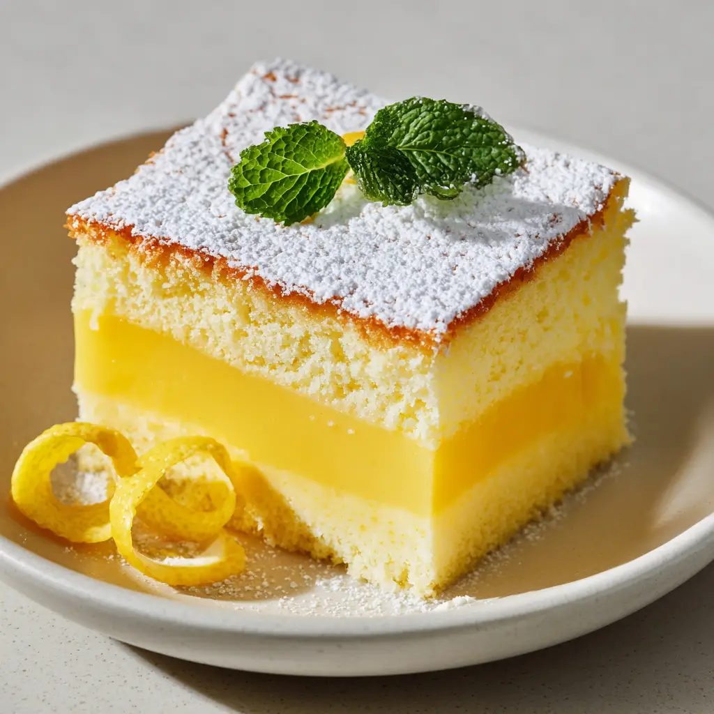 Lemon Custard Cake: The Ultimate Guide to the Magic Two-Layer Citrus Dessert 1 Overhead view of a lemon custard cake slice showing the golden brown baked top and powdered sugar.