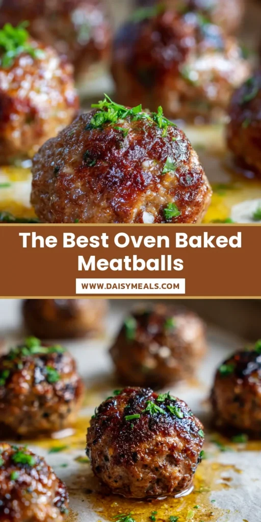 Oven Baked Meatballs with a Deeply Caramelized Beef Crust 4 A close-up shot of perfectly round Oven Baked Meatballs on a metal baking sheet with deep caramelization and fresh parsley garnish.
