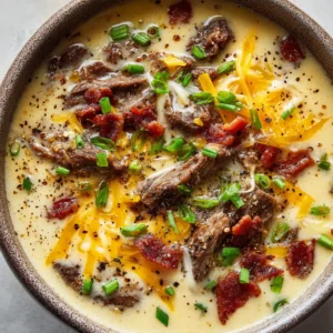 Overhead view of Philly Cheesesteak Soup showing glossy provolone swirls, crispy bacon bits, and chopped green onions.