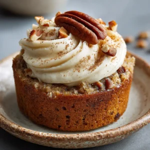 A golden-brown Banana Cinnamon Pecan Cupcake topped with a whole pecan and crushed butter pecans.