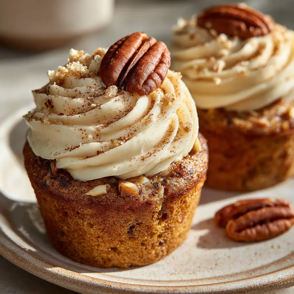 Banana Cinnamon Pecan Cupcakes: The Ultimate Moist & Nutty Treat 1 A thick swirl of off-white cream cheese frosting on a Banana Cinnamon Pecan Cupcake with cinnamon dusting.