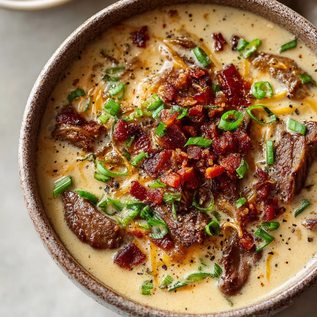Philly Cheesesteak Soup: The Ultimate Creamy Steak and Cheese Comfort Bowl 1 Close up of a rustic ceramic bowl filled with thick, rich Philly Cheesesteak Soup and coarse black pepper.