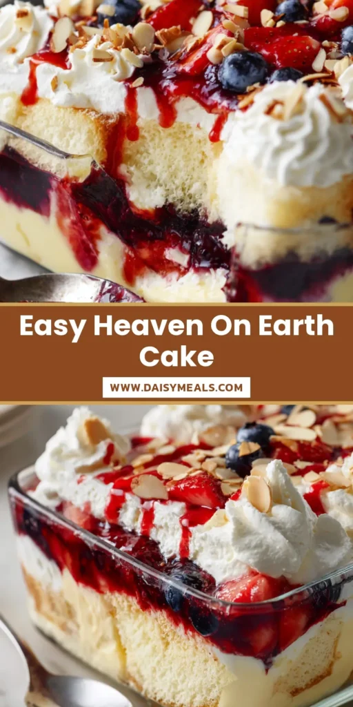 A layered Heaven on Earth Cake in a glass dish showing white cake, yellow pudding, and purple berry layers topped with whipped cream and almonds.