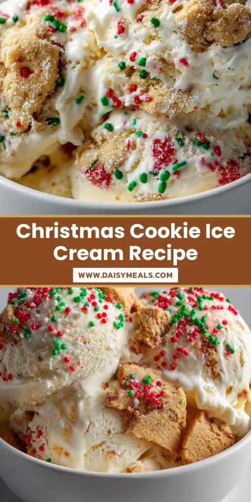 Christmas Cookie Ice Cream: The Ultimate Festive Holiday Scoop 4 A close-up of Christmas Cookie Ice Cream scoops in a white bowl with red and green sprinkles and sugar cookie chunks.