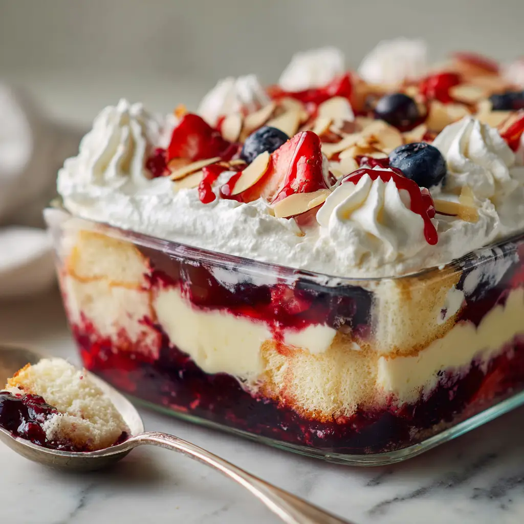 Top view of Heaven on Earth Cake with whipped cream swirls, berry glaze drizzle, and sliced almonds.