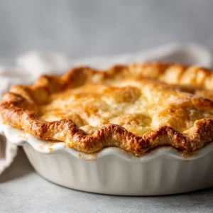 A freshly baked golden-brown Flaky Buttery Pie Crust featuring a rustic fluted edge in a ceramic pie dish.