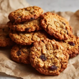 Close-up of golden-brown Gluten-Free Oatmeal Cookies on an aluminum baking sheet showing cracked centers and cinnamon speckles.